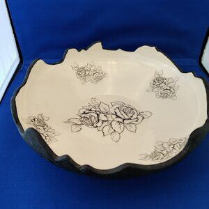 *UNIQUE* Bowl -Lava Volcanic Crater Glaze – Black/Ivory White - Rose Design